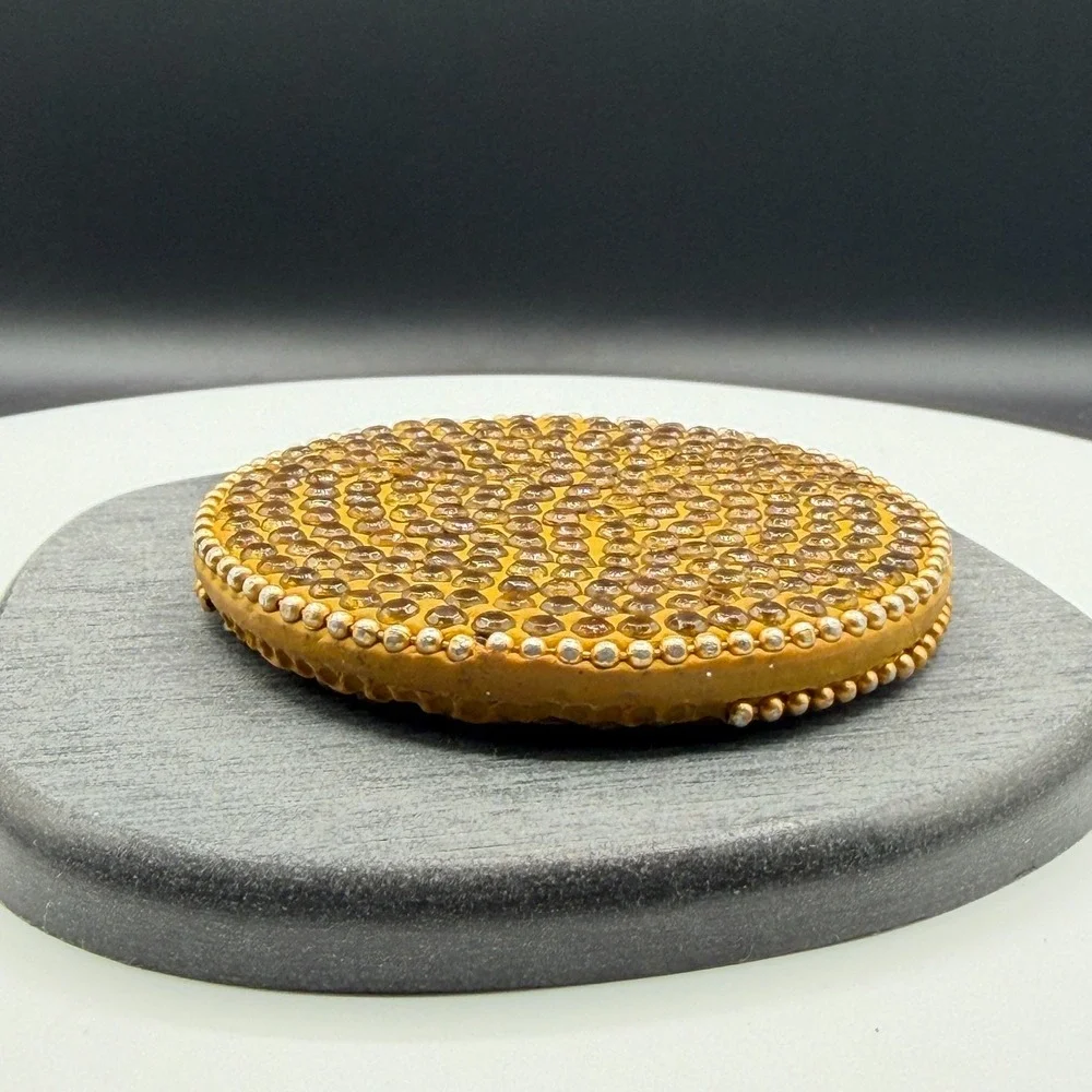 Gold & Amber Tone Rhinestone Round Pocket Purse Mirror Beaded Boho Vanity Decor